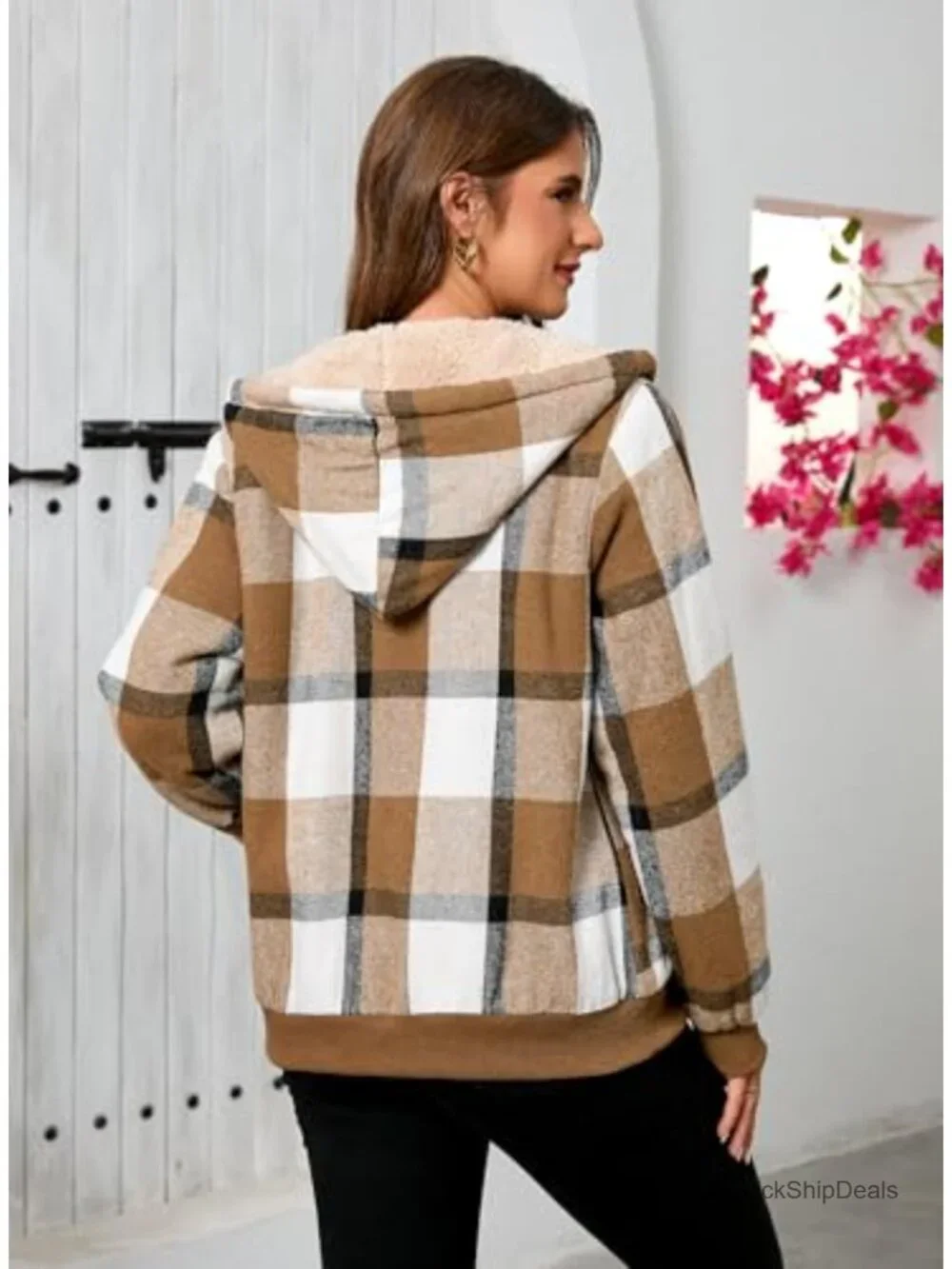 Women's Sherpa Lined Plaid Zip Up Casual Jacket with Hood